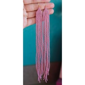 Extra long pale pink beaded earrings, miyuki seed beads